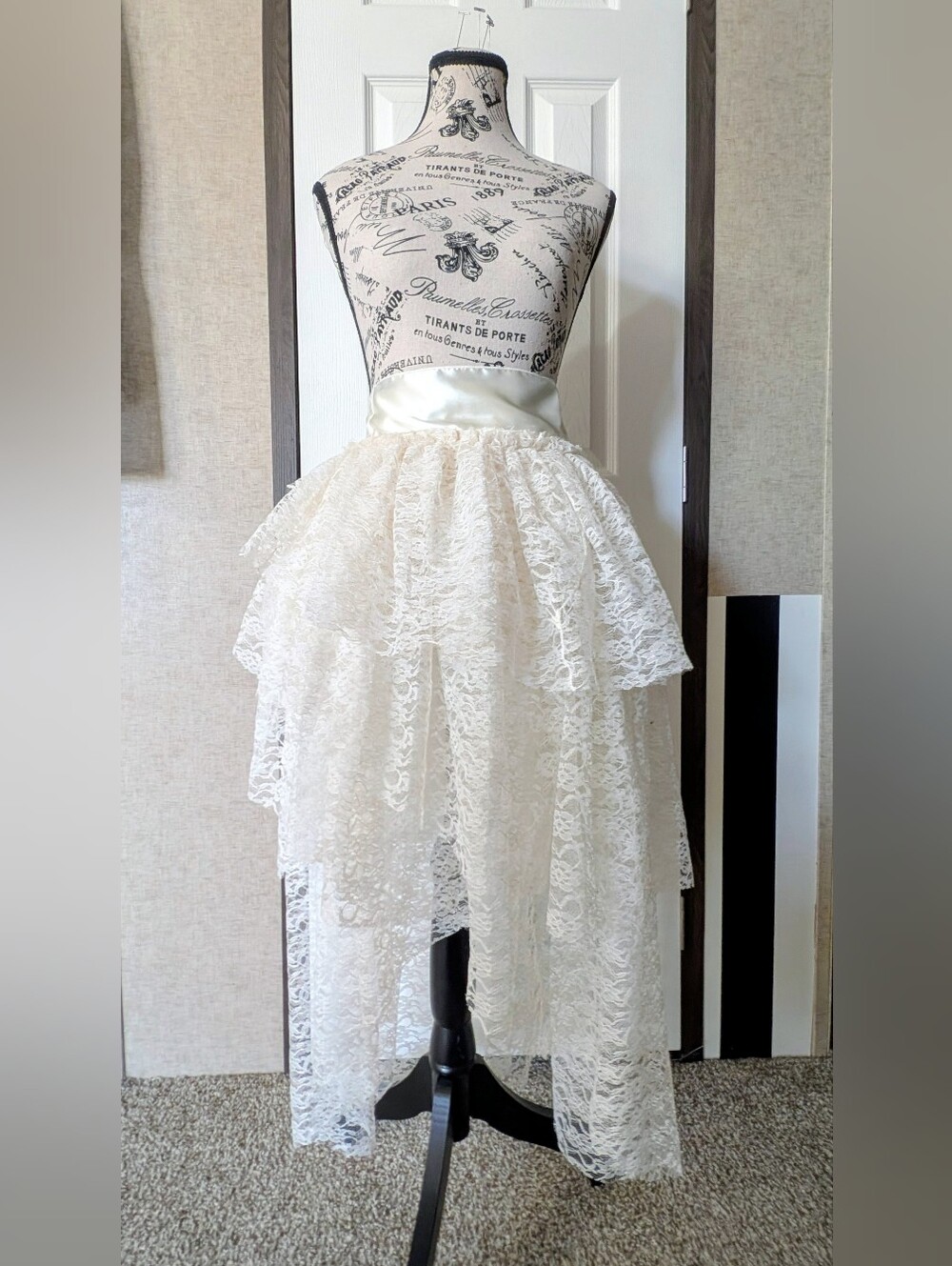 OOAK Handmade White Lace Tiered High-Low Bustle Skirt